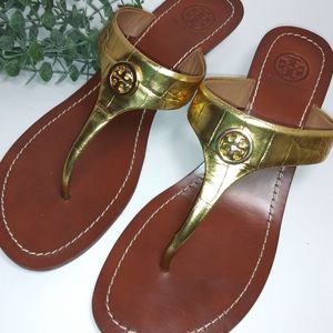 TORY BURCH GOLD WEDGE THONG SANDALS
